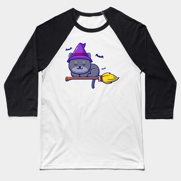 Cute Witch Cat Sleeping On Magic Broom Cartoon Baseball T-Shirt by Catalyst Labs